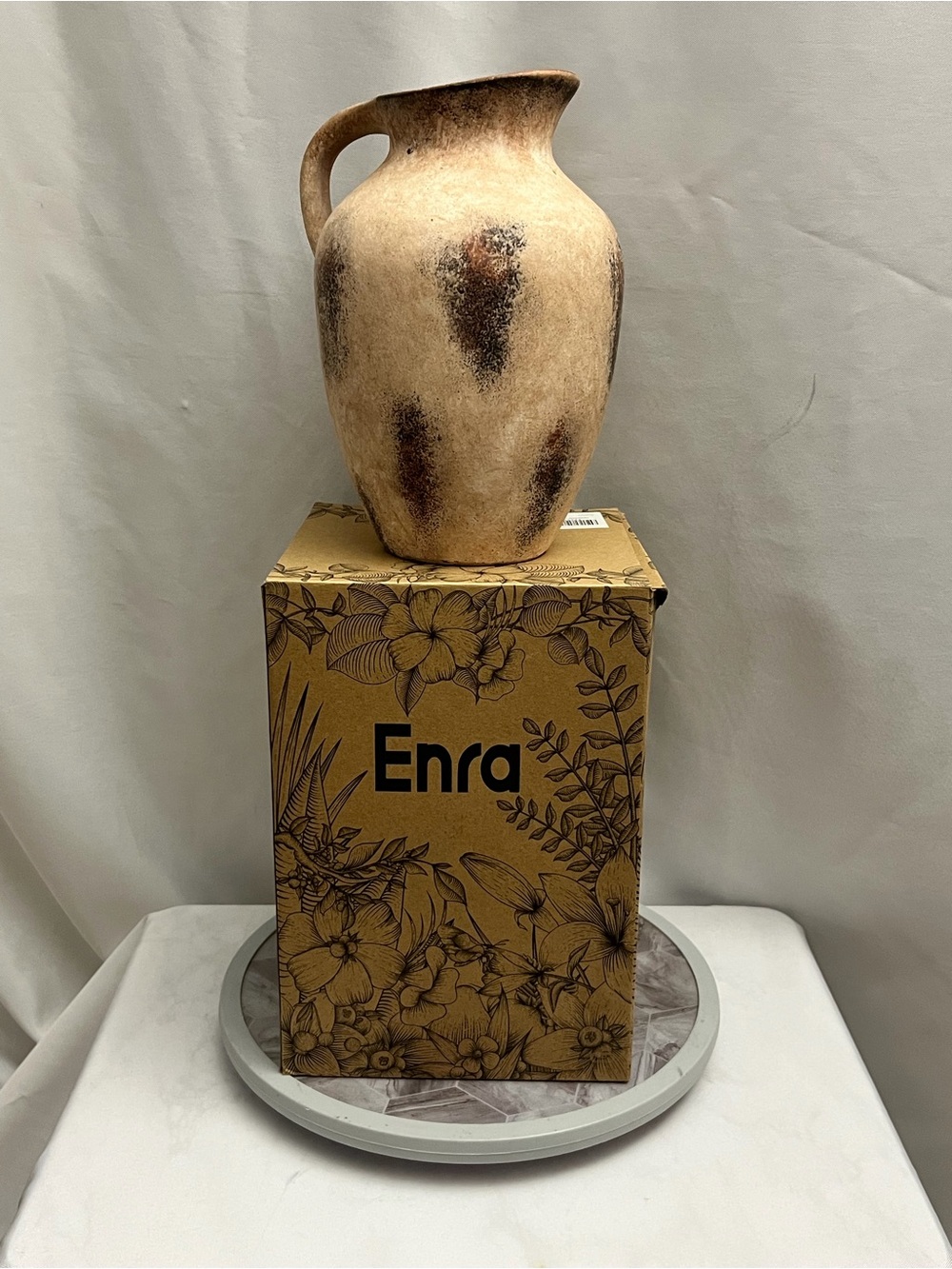 Enra Rustic Ceramic Pitcher Vase 10” Beige Brown Farmhouse Pottery Decor
